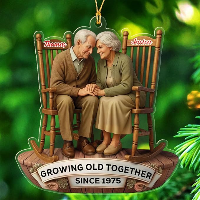 Personalized Growing Old Together Christmas Ornament 2025, Old Couple Sitting On Rocking Chairs Shaped Ornament Gift for Parents Grandparents,Custom Text Name Mr Mrs Ornaments for Wedding Anniversary