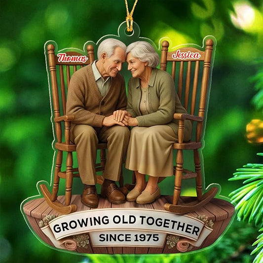 Personalized Growing Old Together Christmas Ornament 2025, Old Couple Sitting On Rocking Chairs Shaped Ornament Gift for Parents Grandparents,Custom Text Name Mr Mrs Ornaments for Wedding Anniversary