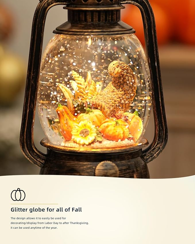 Fall Decorations for Home - Vintage Fall Snow Globe Lantern with 6H Timer,Pumpkin Sunflowers Scene Snow Globes USB or Battery Powered,Fall Decor for Fall Harvest Thanksgiving Autumn