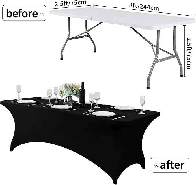 2Pack Spandex Table Cover for 8FT or 4ft or 6ft Table Universal Fitted Stretch Tablecloth for Party, Banquet, Wedding and Events-Black