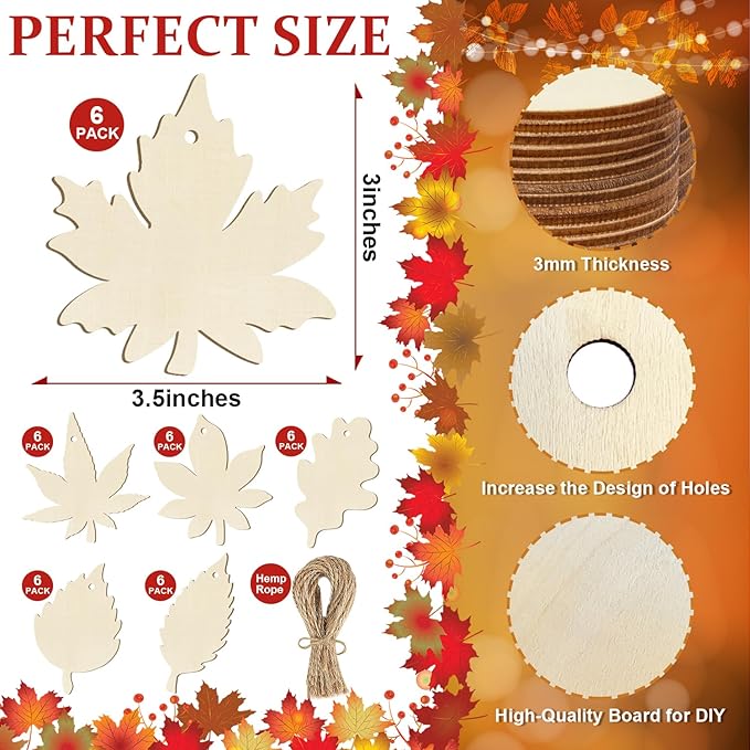36PCS Wooden Fall Ornaments to Paint Thanksgiving Decorations, 6 Styles DIY Blank Autumn Unfinished Wood Maple Leaves Turkey Pumpkin Halloween Cutouts Ornament for Crafts Birthday Party Gifts Hanging