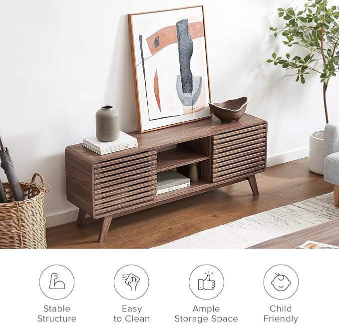 mopio Ensley TV Stand, Mid Century Modern for 55/60/65 inch TV, Farmhouse TV Stand, Entertainment Center with Storage, TV and Media Consol for Living Room (Walnut, 59" Tall)