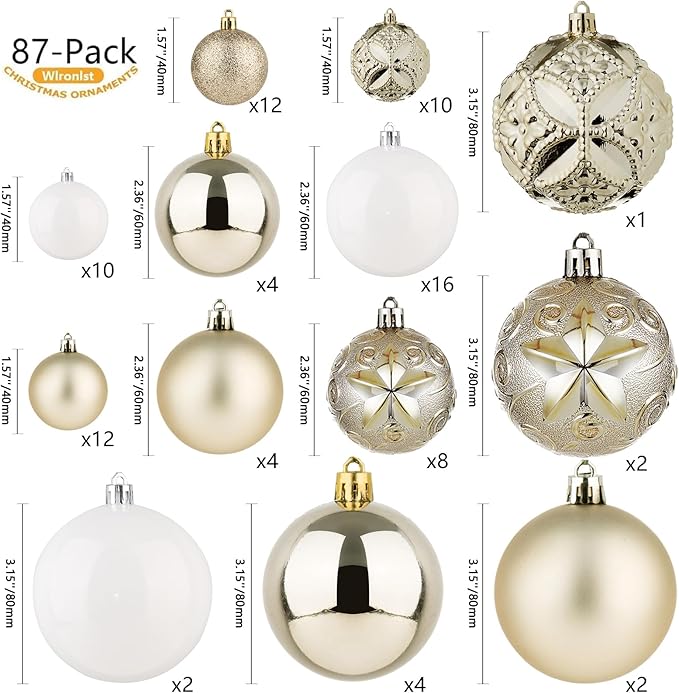 87-Pack Shatterproof Christmas Ball Ornaments Set, Christmas Tree Decorations with Hand-held Gift Package for Xmas Tree Holiday Wedding Party, Champagne