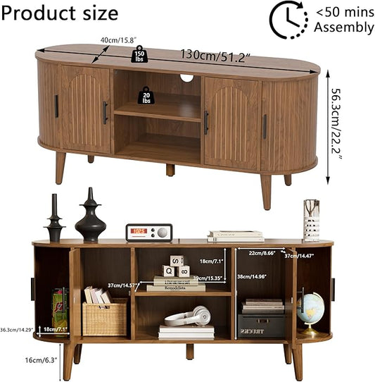 51" Fluted TV Stand, Mid-Century Modern Entertainment Center for Tvs up to 60" with Drawers and Fluted Doors, Curved TV Media Console Table with Sliding Doors for Living Room, Bedroom (51")