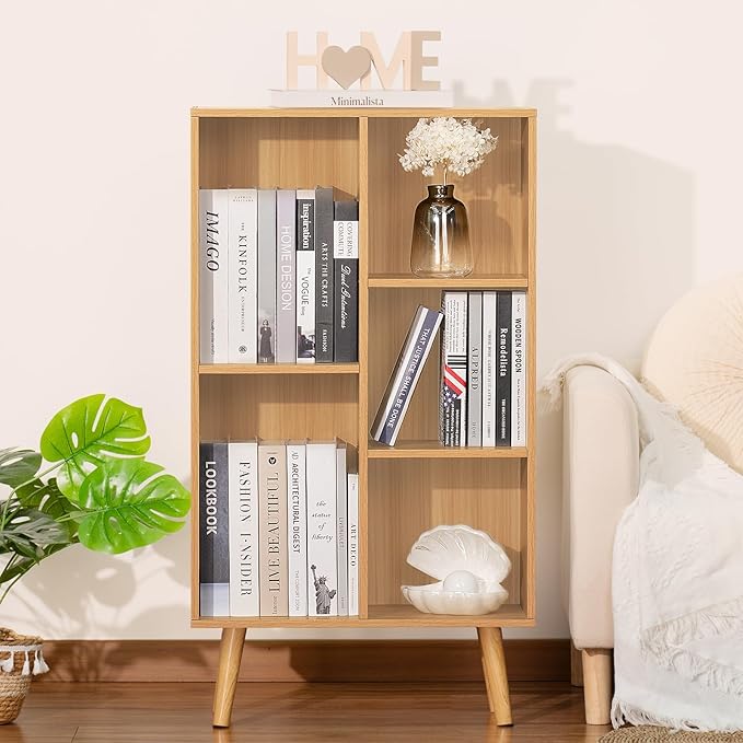 LEYAOYAO Wooden 5 Cube Bookshelf, Natural 3 Tier Book Shelf with Legs, Modern Open Storage Organizer,Boho Bookcase,Display Cabinet Shelf Free Standing Bookshelves for Bedroom,Living Room,Study