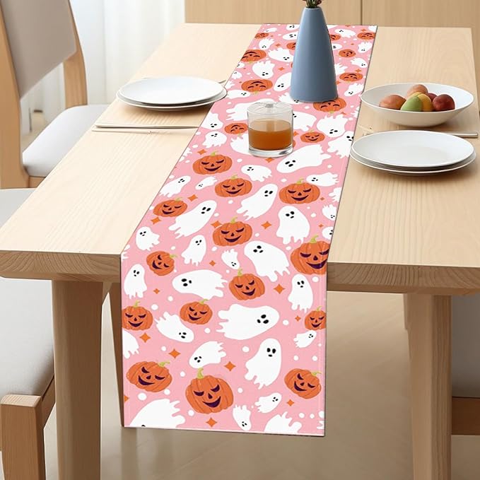 Halloween Table Runner Cute Spooky Ghost Pumpkin Table Linen Runner Pink Kitchen Dining Decoration Holiday Halloween Table Decoration for Holiday Indoor Outdoor Home Party Decor 13x72 Inch