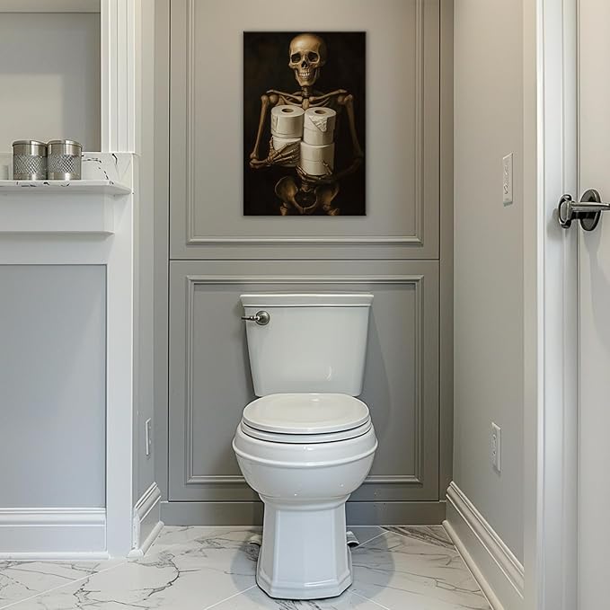 Gothic Skull Wall Art Funny Skeleton with Toilet Paper Canvas Print Vintage Skull Painting Framed Artwork for Living Room Home Halloween Wall Decor(Artwork-8,16"x24")