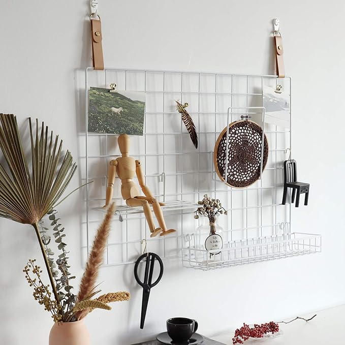 FRIADE Wall Grid Panel Hanging Basket with Hooks,Bookshelf,Display Shelf,Wall Organizer and Storage Shelf for Home Supplies,1 Set of 3 (White)