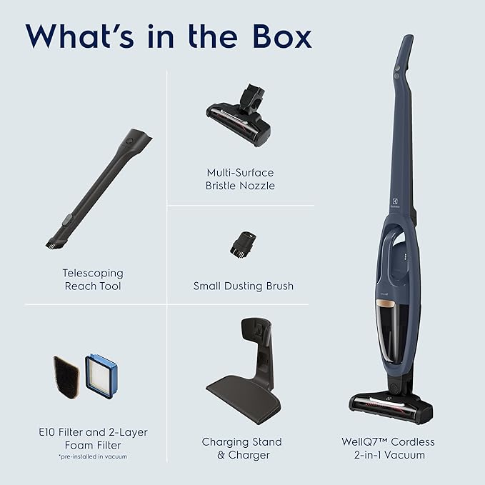 Electrolux WellQ7 Cordless 2-in-1 Vacuum with High Suction Power and 5-Step Filtration System, 50-Minute Run Time, 2 Power Modes, Denim Blue