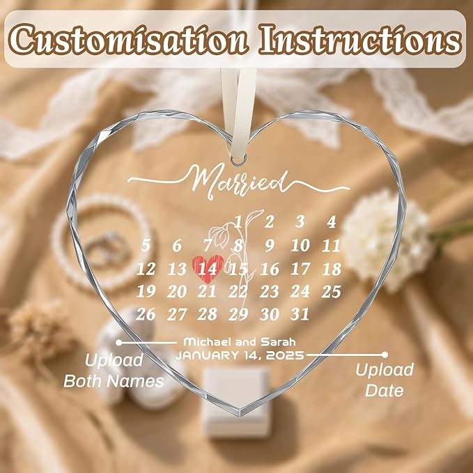 First Christmas Married Ornament 2025, Custom Wedding Crystal Glass Ornament with Photo, Name or Date, Personalized Wedding or Bridal Shower Gifts for Newlyweds