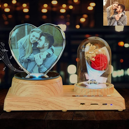 Personalized Heart Crystal Print with Your Photo, Office Desktop Decor Personalized Picture Gifts Glass Clear Frame with Bluetooth Rotary Speaker Color Led Light Changing Mood Light