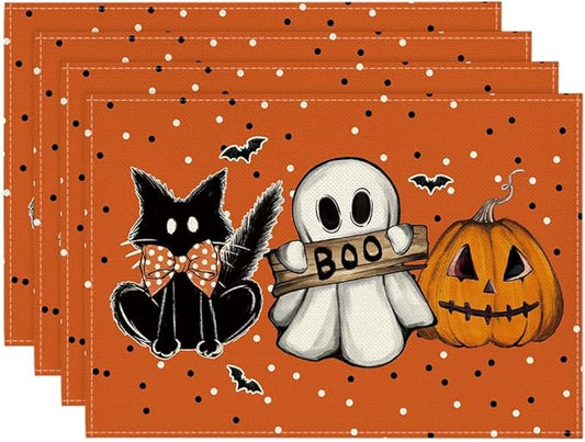 Artoid Mode Orange Polka Dot Ghost Pumpkin Cat Boo Halloween Placemats Set of 4, 12x18 Inch Seasonal Table Mats for Party Kitchen Dining Decoration