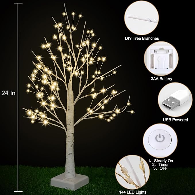 144 LED Birch Tree Lights, DIY Artificial Tree Lamp Timer Battery/USB Operated, Tabletop Bonsai Fairy Light Spirit Tree for Bedroom Christmas Home Gifts Decor (Warm White)