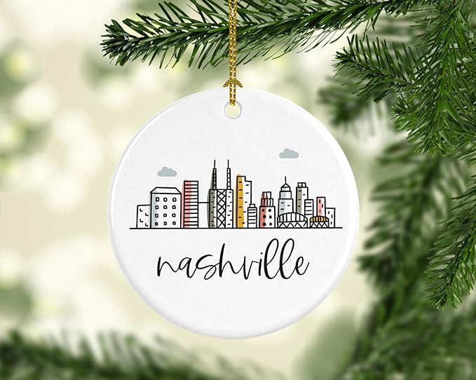 Andaz Press Round Ceramic Porcelain Christmas Tree Ornament Keepsake, Nashville Colorful City Skyline 1-Pack Birthday Ideas Family Coworker Includes Box Ornament