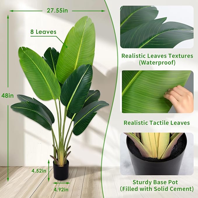 Artificial Bird of Paradise Plant 4Ft Fake Tropical Palm Tree with 8Trunks Faux Banana Leaf Trees in Pot for Home Indoor Outdoor Office Modern Decor Housewarming Gift（2Pcs）