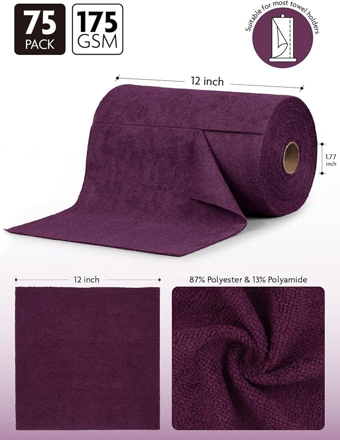 Fantasticlean Microfiber Cleaning Cloth Roll -75 Pack, Tear Away Microfiber Towels, 12" x 12", Reusable, Washable, Scratch Free, Ultra Absorbent Dish Rags for Car, Home, Garage or Shop (Dark Purple)