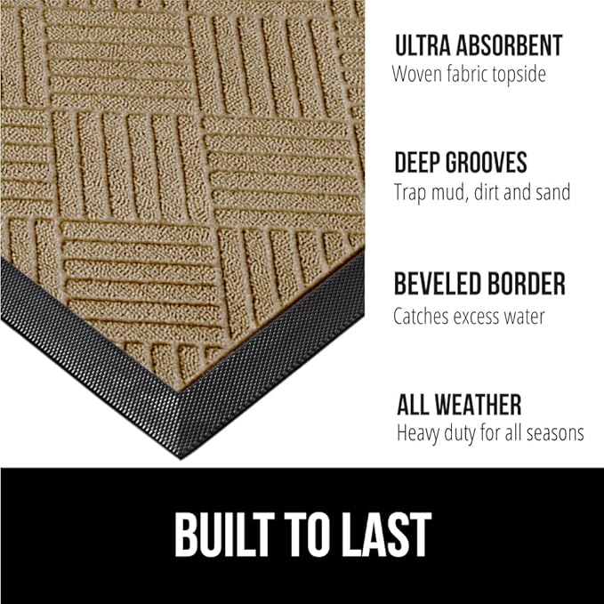 GORILLA GRIP 100% Waterproof All-Season WeatherMax Doormat US Designed Natural Rubber, Stain and Fade Resistant, Low Profile Indoor Outdoor Door Mats, Easy Clean Patio Mat, 23x35, Beige Diamond