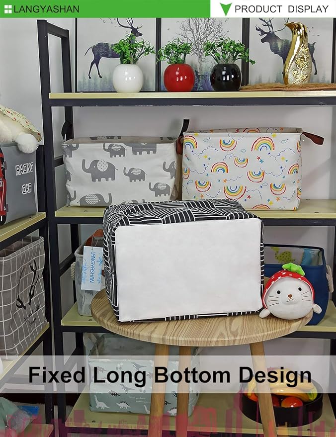 LANGYASHAN Rectangular Storage Bin Collapse Canvas Fabric Cartoon Storage Basket with Handles for Organizing Home Kitchen Boys and Girls Toys Office Closet Shelf Baskets (Black Diamond)