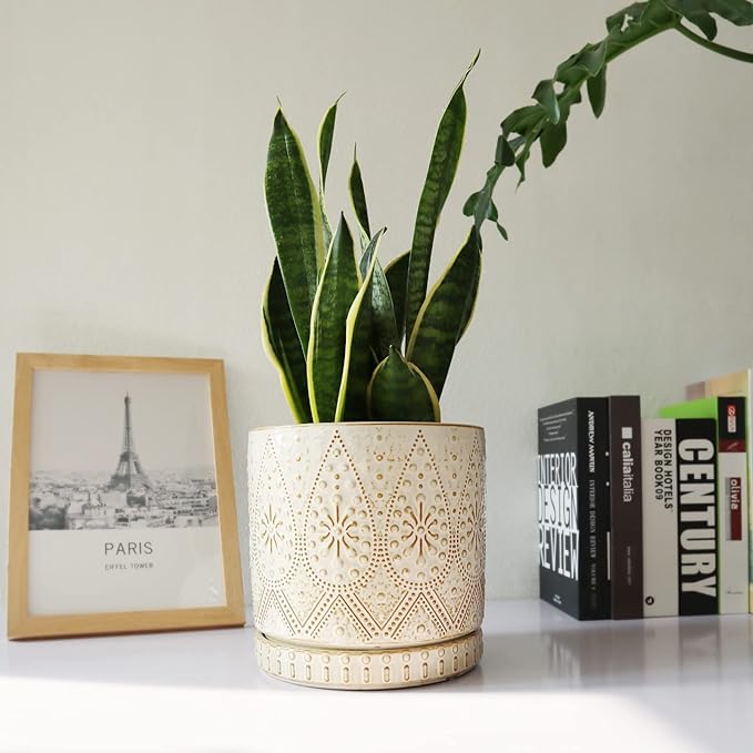 8 Inch Indoor Plant Pot with Drainage Holes and Saucers, Ceramic Planter for Plants, Succulent Orchid Flower Pots