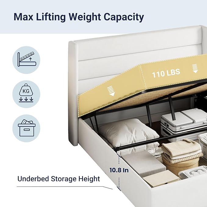 Allewie Queen Size Velvet Lift Up Storage Bed, Modern Wingback Headboard, Hydraulic Support, No Box Spring Needed, White