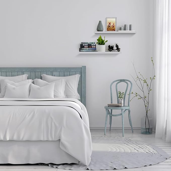 Meangood Floating Shelves White 17 inch Wall Mounted Natural Bamboo Wood Wall Storage Shelves for Bedroom,Living Room,Bathroom, Kitchen（Set of 2）