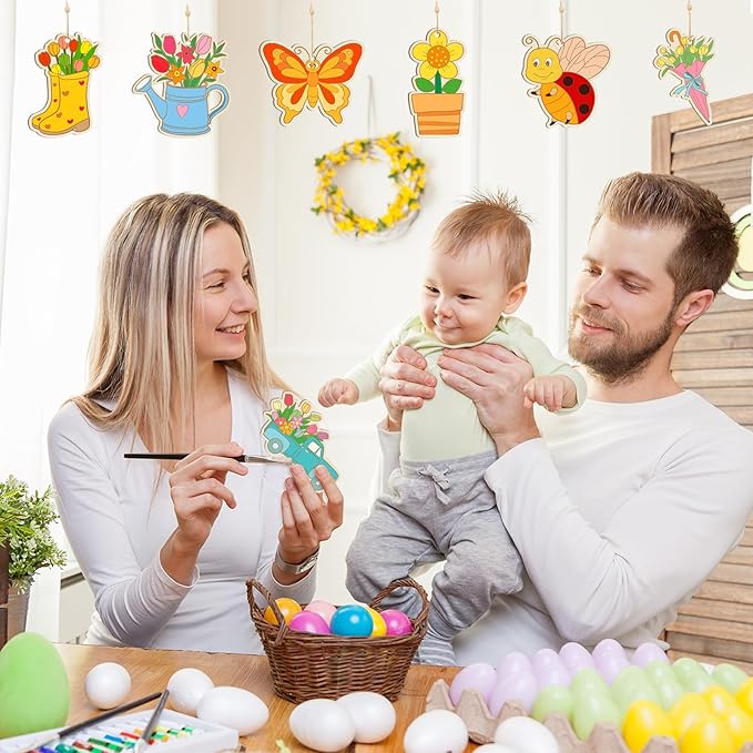 36 PCS Wooden Spring Ornaments to Paint, 12 Styles DIY Blank Unfinished Wood Flower Cutouts Butterfly Ornament for Crafts Hanging Decorations, Cute Bee Flower Shape Home Decorations Gifts