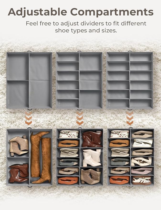 StorageWorks Under Bed Shoe Storage Organizer, Underbed Shoes Container with Adjustable Dividers, Shoe Storage Basket with Cover, Grey, 2-Pack, Space-Saving Shoe Box Fits up to 24 Pairs