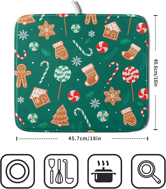 Gingerbread Dish Drying Mat for Kitchen Counter Holiday Green Super Absorbent Reversible Microfiber Kitchen Countertop Protector Dishes Pad Small 16x18 inch