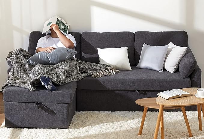 VanAcc Sleeper Sofa, Sofa Bed- 2 in 1 Pull Out Couch Bed with Storage Chaise, Sleeper Couch for Living Room, Grey Linen