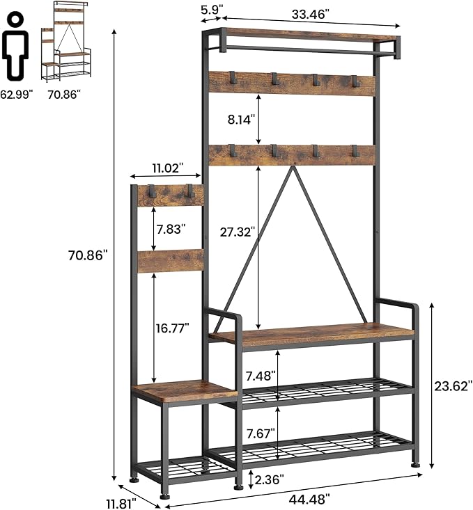 IDEALHOUSE Hall Tree with Bench and Shoe Storage Parent-Child Coat Rack Shoe Bench Industrial Coat Tree Entryway Large Organizer with Shoe Rack, Storage Cubbies, Hooks, and Top Shelf
