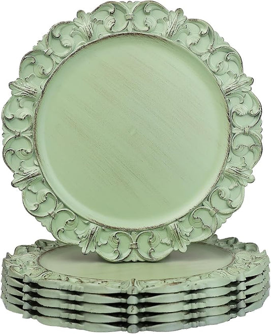 Green Charger Plates Set of 6, Decorative Table Plastic Chargers for Dinner Plates, Party, Wedding, Thanksgiving, Christmas, FD2GR