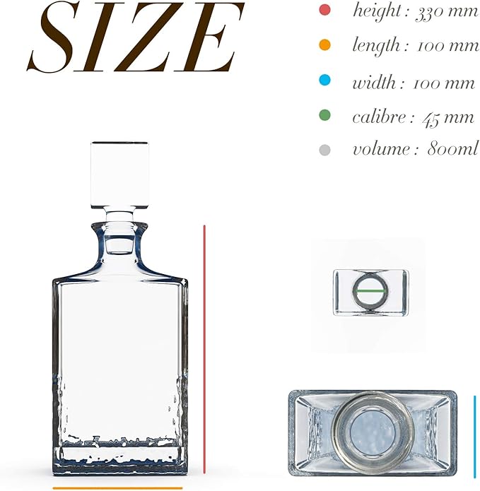 Glass Decanter with Airtight Geometric Stopper - Whiskey Decanter for Wine, Bourbon, Brandy, Liquor, Juice, Water, Mouthwash. Italian Lead-Free Glass (700ml/Crushed Ice)