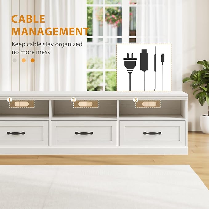 IDEALHOUSE 70in TV Stand for TVs up to 80", Mid Century Modern Entertainment Center with Storage Drawer and Open Shelves, TV Console Media Cabinet for Living Room, Bedroom, Antique White