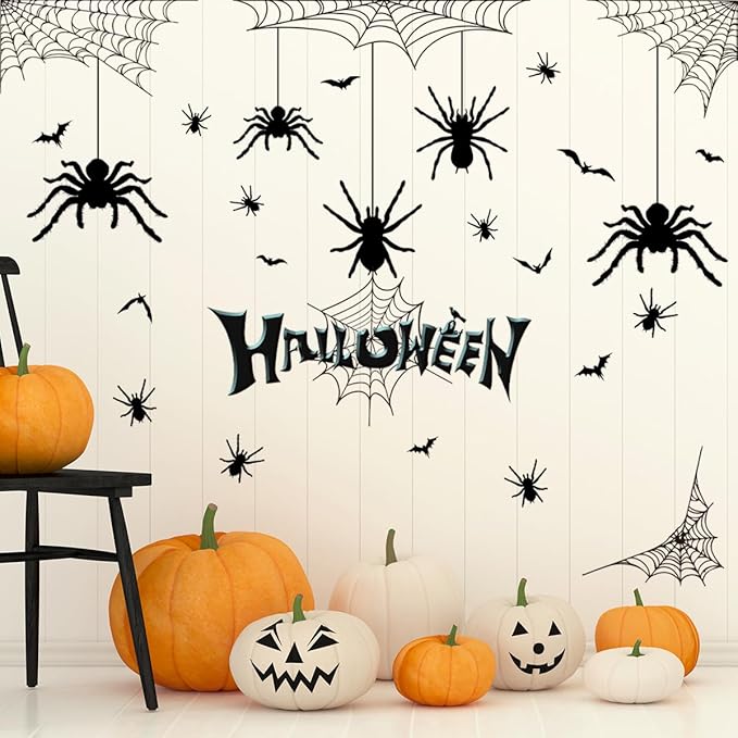 Halloween Spider Web Bat Patterns Wall Decals - Peel and Stick Removable Stickers for Scary Theme Party Decorations