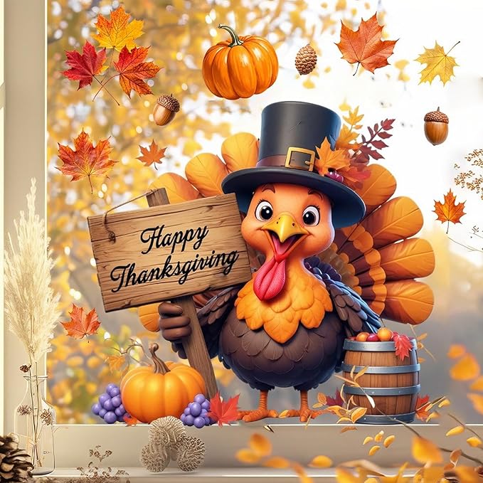 Fall Window Clings for Glass Thanksgiving Static Cling Window Decals 1PCS Turkey Pumpkin Maple Leaves Autumn Reusable Window Stickers Home School Office Decorations