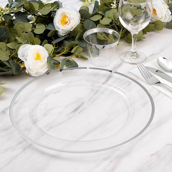 Goodluck 12 Inch Silver Charger Plates, 50 Pack Clear With Silver Trim, Disposable Plastic for Dinner, Wedding, Party