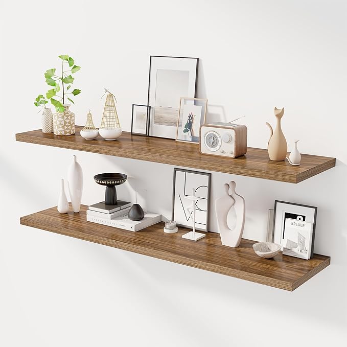55" Floating Shelves for Wall, 12" Deep Slim Walnut Floating Shelves, Wall-Mounted Shelves for Bedroom, Living Room, Kitchen, Bathroom - Set of 2