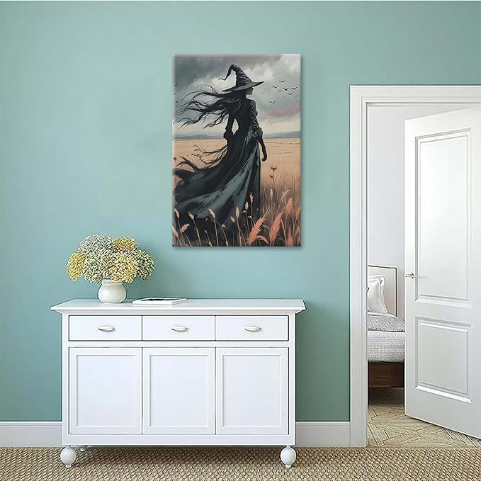 Gothic Decor Canvas Wall Art Witch in Rice Field Halloween Art Decor Print Nature Print Victorian Home Bedroom28x40in Wood Framed
