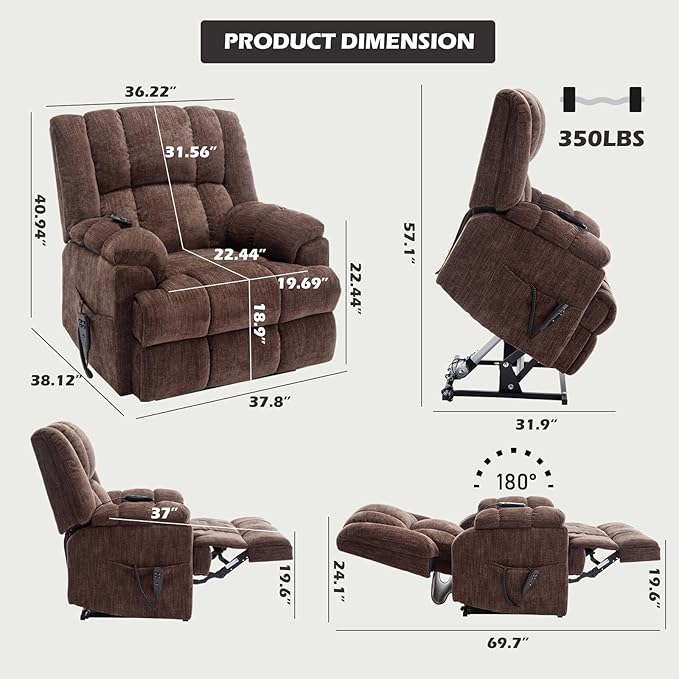 Dual Motor Power Lift Recliner Chair with Massage and Heat for Elderly People, Infinite Position, Brown Recliner Chair, Chenille Fabric Lift Chair