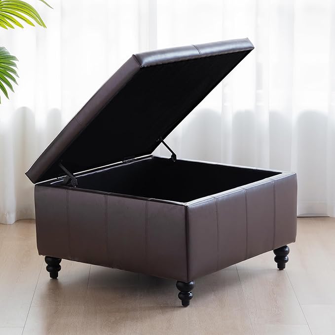 HUIMO Square Leather Storage Ottoman,Ottoman Coffee Table with Storage for Living Room (Brown)