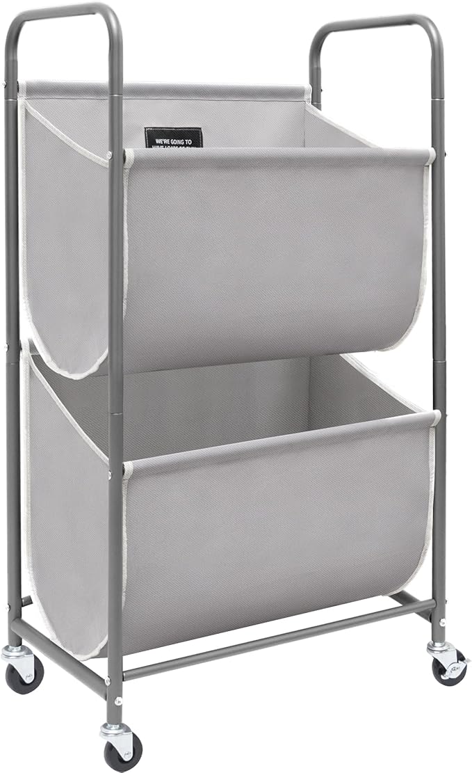STORAGE MANIAC 80 Liters Vertical Rolling Laundry Hamper, 2 Section Laundry Sorter with Wheels and 2 Breaks, 2-tier Laundry Baskets for Small Space, Dorm, Laundry Room, Closet, Bathroom, Gray 2-tier