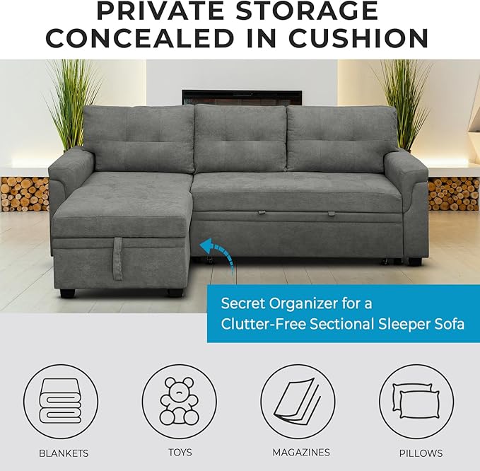 Naomi Home L-Shaped Reversible Sectional Sofa with Pull-Out Sleeper Bed and Storage Chaise, Gray Velvet