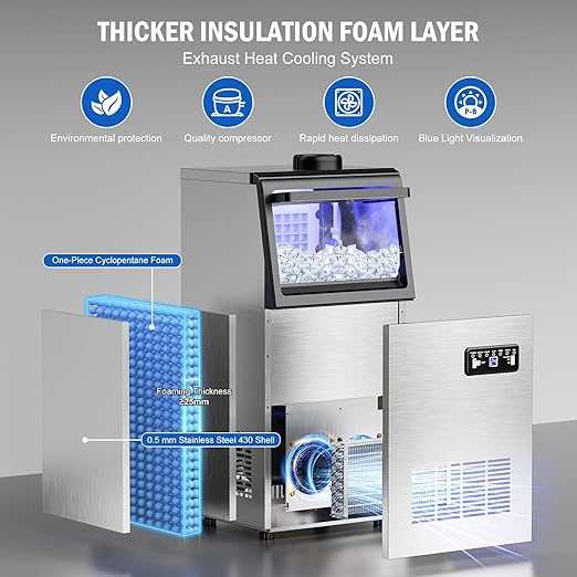 Commercial Ice Maker Machine 120 LBS/24H, 40 Ice Trays Freestanding & Undercounter Ice Machine Stainless Steel with 20 LBS Ice Storage Capacity, Ice Maker with Water Line and Filter, Dual Water Inlet