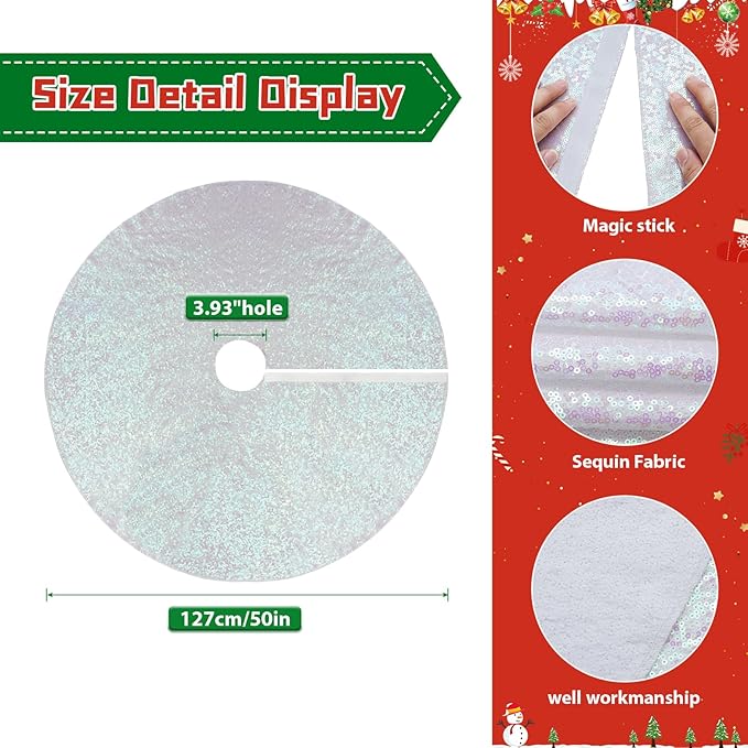 Eternal Beauty Christmas Tree Skirt, 50 Inch White Iridescent Sequin Tree Skirt Small Xmas Tree Skirt for Christmas Tree Decorations