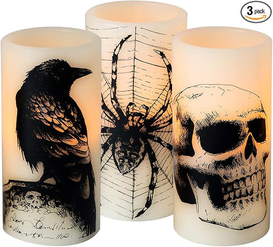 Halloween Flameless Candles with 6H Timer, LED Pillar Candles mit Skull, Spider Web, Crow Raven Decals Set of 3, Battery Operated Real Wax Candles, Halloween Decor Horror Gothic Punk