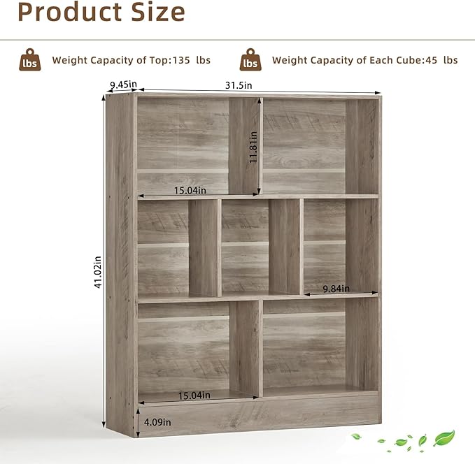 LEYAOYAO 7 Cube Bookshelf with Base,3 Tier Mid-Century Modern Grey Bookcase,Standing Wide Bookshelves Storage Organizer Shelf,Rustic Wood Display Cabinet Book Shelves for Bedroom,Living Room,Office