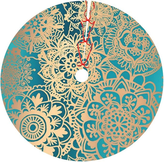 36" Large Christmas Tree Skirt, Elegant Teal Green Mandala Pattern Pattern Tree Mat Base Cover for Xmas Festive Holiday Party Decoration Ornaments