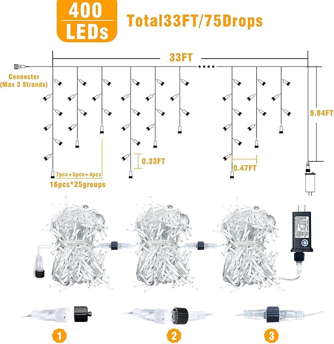 33ft Icicle Lights for Outside, Blue and White Christmas Lights Outdoor Indoor, 400 LED Twinkle String Light with 75 Drops Short Curtain Light for Thanksgiving Room Home Wall Bedroom Window Decoration