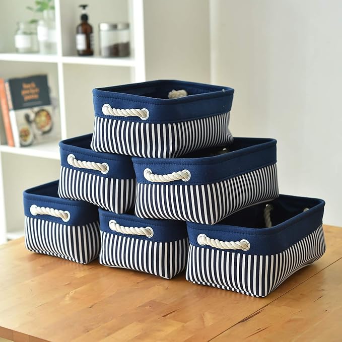 TcaFmac Small Storage Baskets [6 Pack] - Navy Blue Rectangular Storage Bins with Blue Stripes