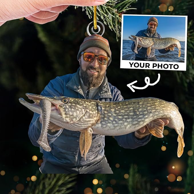 DOPTIKA Personalized 2D Fishing Ornaments for Christmas Tree, Personalized Photo Ornaments for Fish Lovers, Fishing Gifts for Fisherman, Fisherman Ornament Gifts for Dad Brother Husband